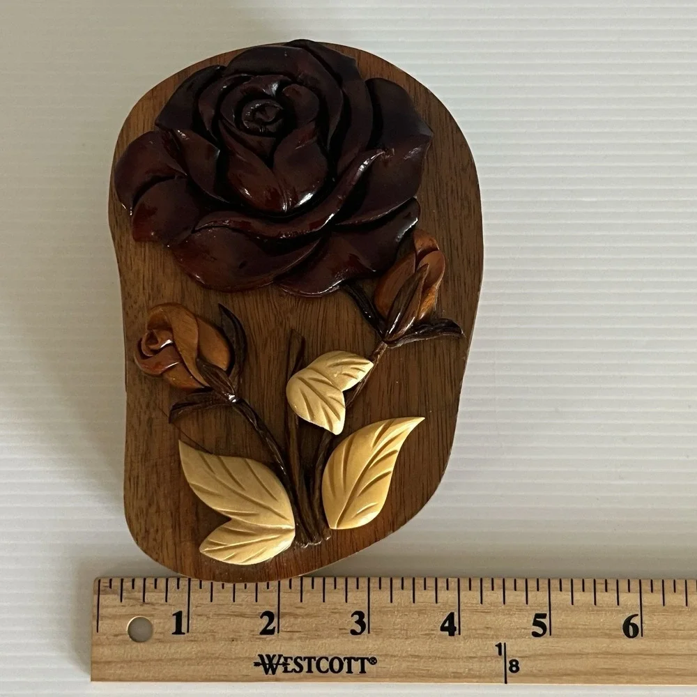 Handcrafted Wooden Floral Puzzle Box with Carved Rose and Red Velvet Lining